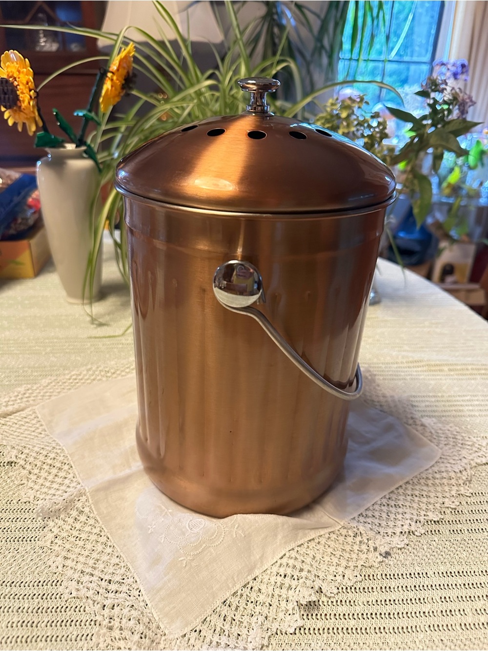 Copper Finish Countertop Compost Bin Pail Charcoal Filter Ventilated Lid